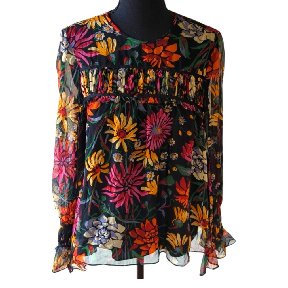 Cinq a Sept‎ Monarch Wildflower-Print Long-Sleeve Silk Top Size  Small